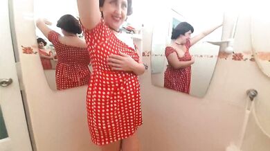 Pinup babe has no panties in front of mirror Retro Vintage Nude maid Housewife