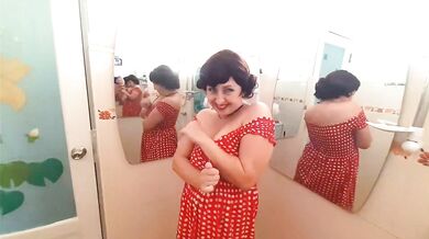 Pinup babe has no panties in front of mirror Retro Vintage Nude maid Housewife