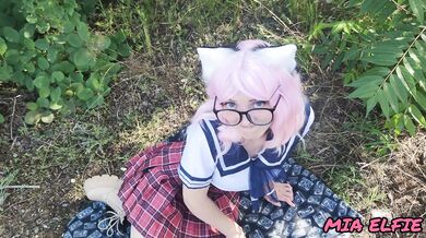beautiful cute schoolgirl in a skirt and glasses walks and gives a passionate beautiful blowjob