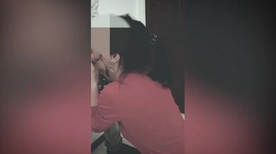 Husband catches wife giving blowjob.