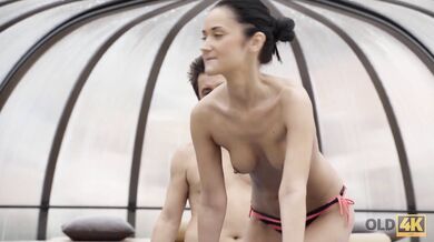 OLD4K. For the sake swimming in pool girl does it with old homeowner