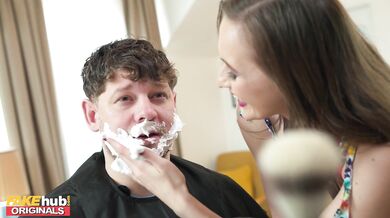 FAKEhub - Natural boob brunette trainee working in hairdressers tries cutting clients hair herself