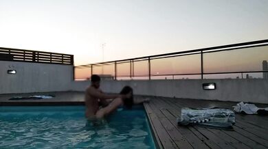 cumming a lot in the pool at a beautiful sunset - accounter adventure