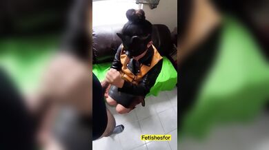 leather mistress handjob & blowjob for a fan custom clip, cumshot on leather skirt